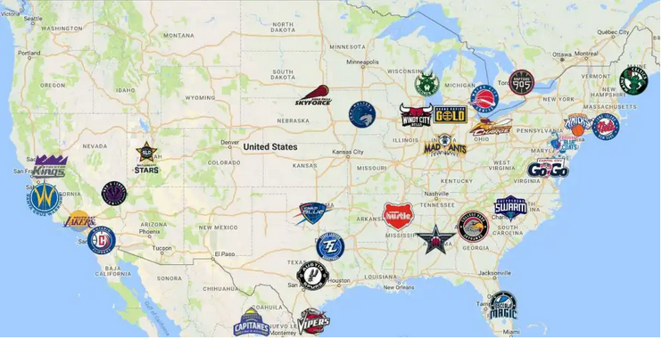 Zemljevid vseh klubov v NBA G ligi